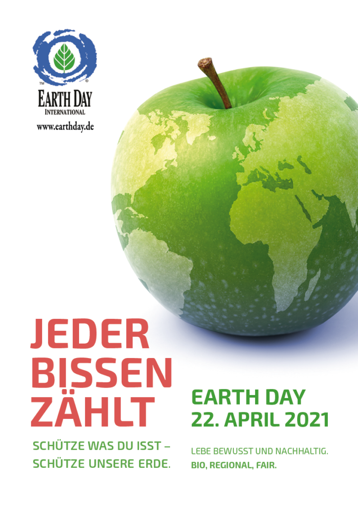 Grafik von www.earthday.de 
Motto Jeder Bissen zählt
Abbild der Weltkugel auf einem Apfel
ein wichtiger Tag - Earth Day 22. April 2021