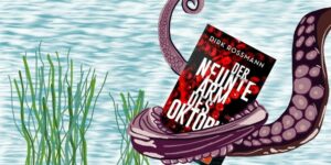Das Buch "Der neunte Arm des Oktopus" wird Unterwasser durch eine Tentakel festgehalten